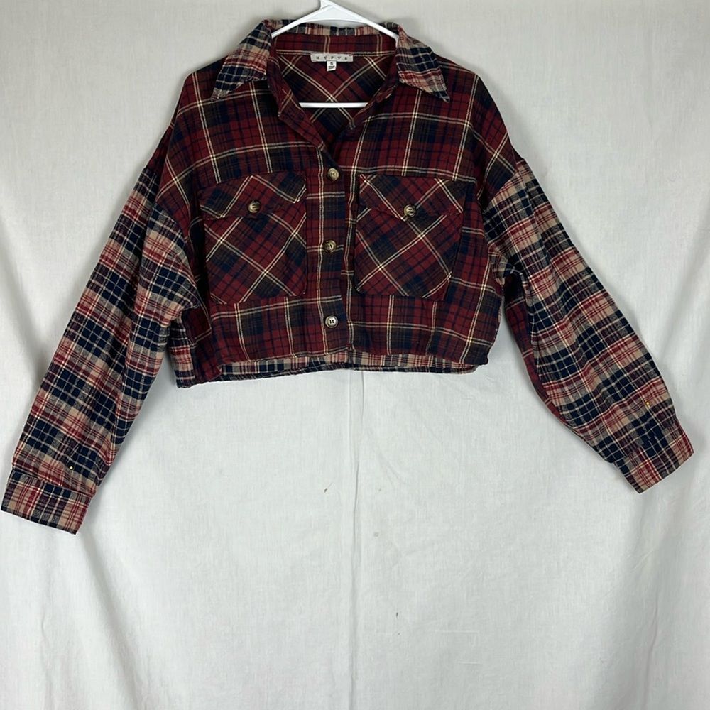 Hyfve Red and Blue Plaid Cropped Button Up Shirt